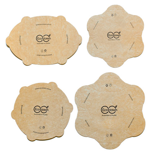 "Tapas biodegradables de Ecotown fabricadas con salvado de trigo, ecológicas y compostables para envases sostenibles."