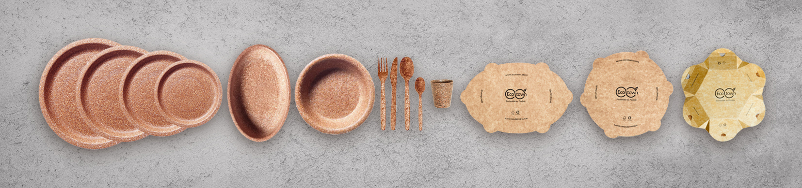 Vajilla y utensilios biodegradables Ecotown “Vajilla biodegradable y cubiertos sostenibles hechos de salvado de trigo, cáscara de maní y otros materiales naturales desarrollados por Ecotown.”